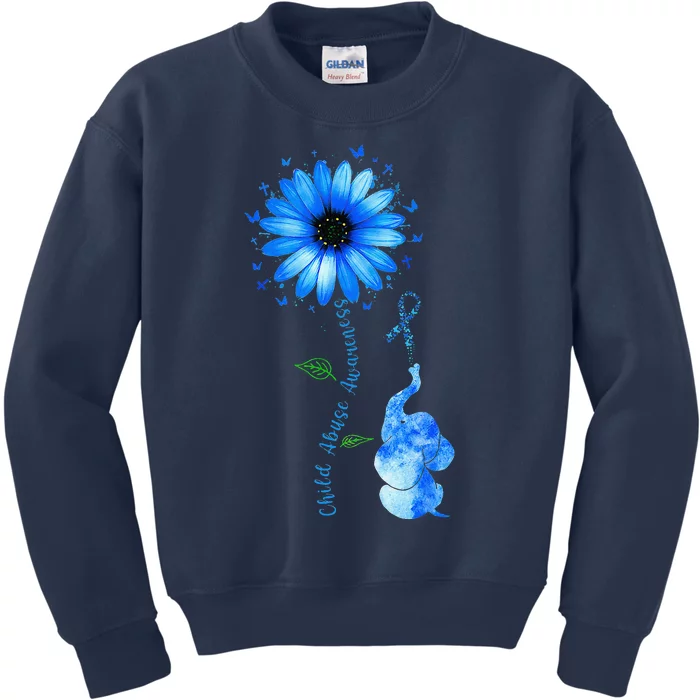 Child Abuse Awareness Sunflower Light Blue Ribbon Elephant Kids Sweatshirt