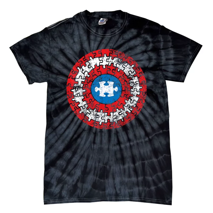 Captain Autism Aspergers Awareness Superhero Puzzle Shield Tie-Dye T-Shirt