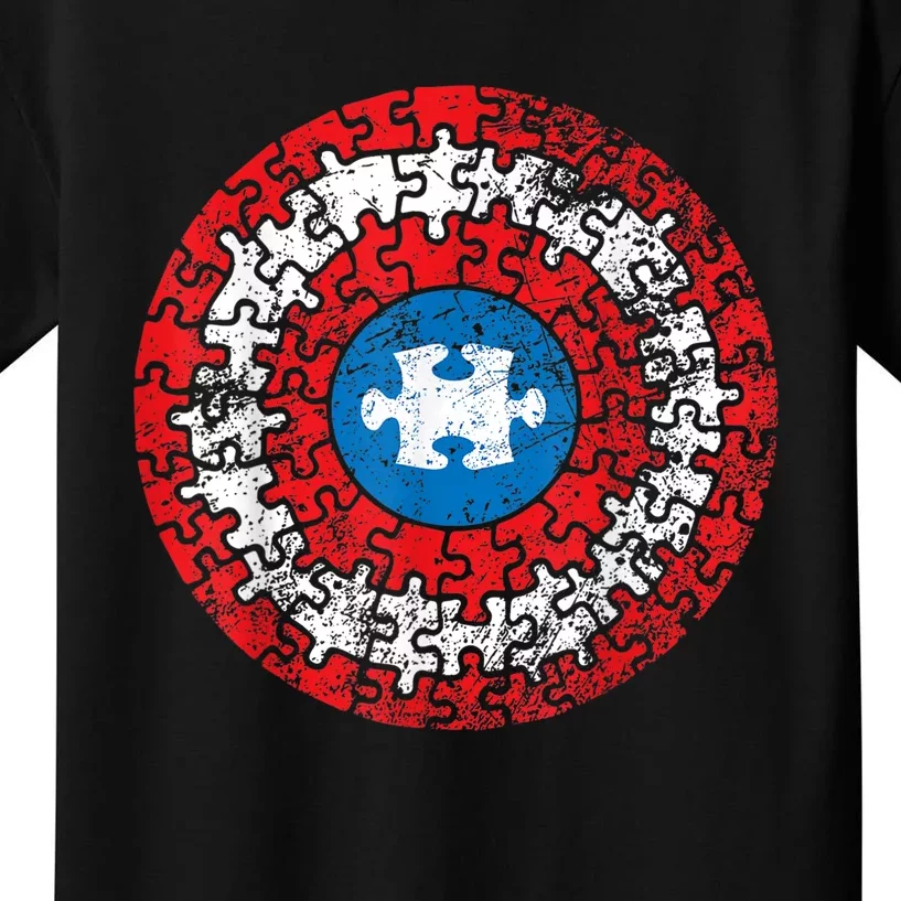 Captain Autism Aspergers Awareness Superhero Puzzle Shield Kids T-Shirt