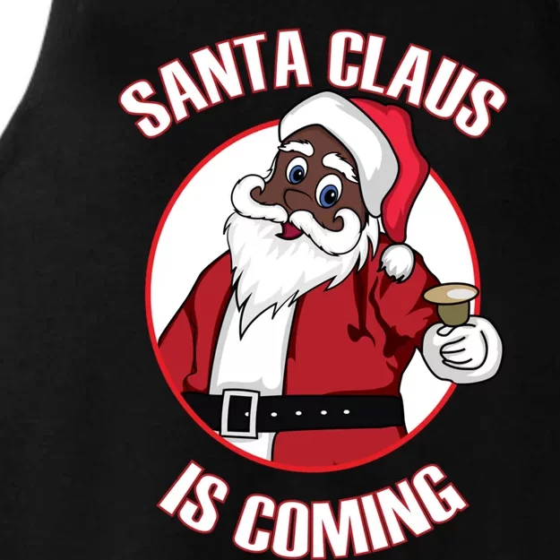 Christmas African American Santa Claus Is Coming Gift Ladies Tri-Blend Wicking Tank