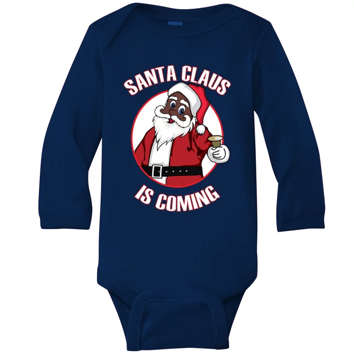 Christmas African American Santa Claus Is Coming Gift Baby Long Sleeve Bodysuit