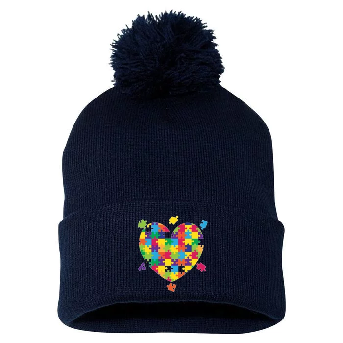 Cute Autism Awareness Rainbow Puzzle Pieces Heart Pom Pom 12in Knit Beanie