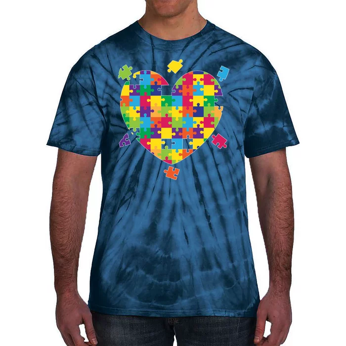 Cute Autism Awareness Rainbow Puzzle Pieces Heart Tie-Dye T-Shirt