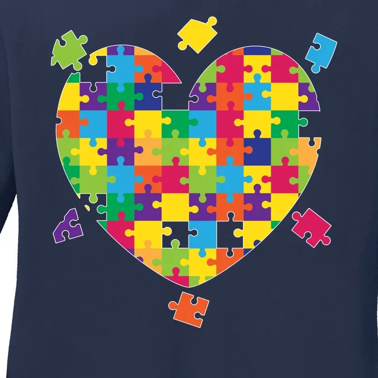 Cute Autism Awareness Rainbow Puzzle Pieces Heart Ladies Long Sleeve Shirt