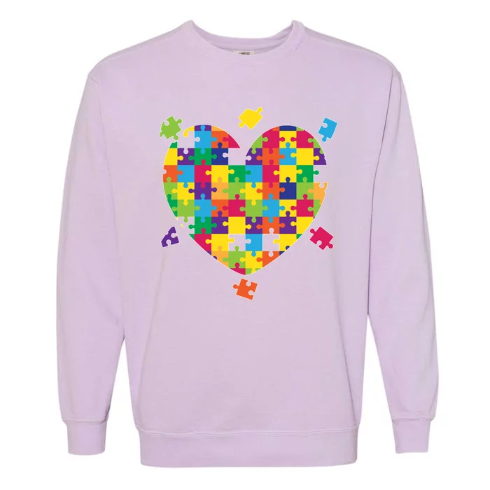 Cute Autism Awareness Rainbow Puzzle Pieces Heart Garment-Dyed Sweatshirt