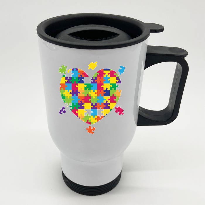 Cute Autism Awareness Rainbow Puzzle Pieces Heart Front & Back Stainless Steel Travel Mug