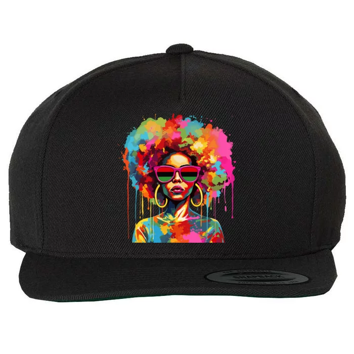 Colorful Art Black Queen Afro Melanin Dripping Juneteenth Wool Snapback Cap