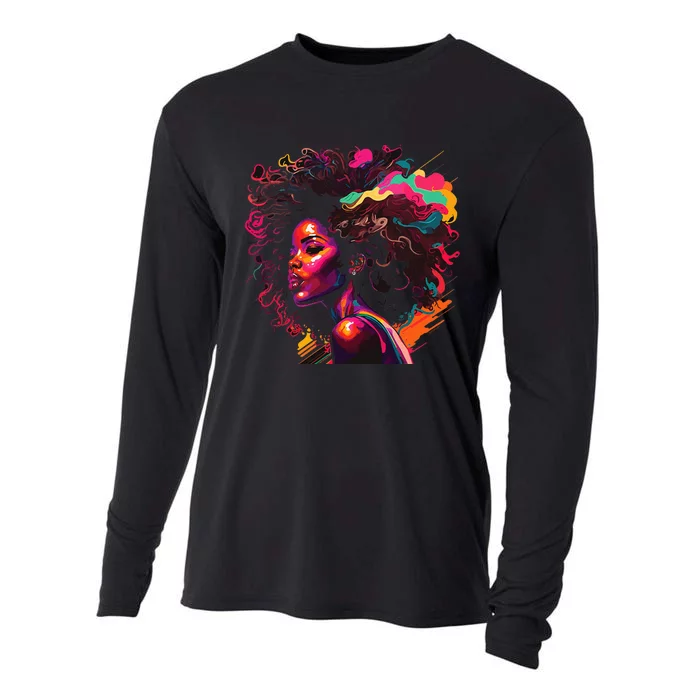 Colorful Art Black Queen Afro Melanin Dripping Junenth Cooling Performance Long Sleeve Crew