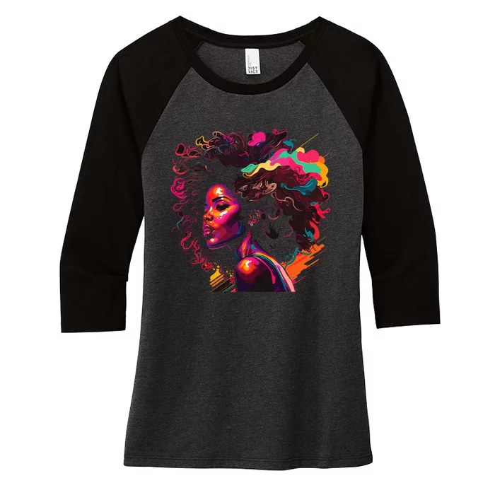 Colorful Art Black Queen Afro Melanin Dripping Junenth Women's Tri-Blend 3/4-Sleeve Raglan Shirt