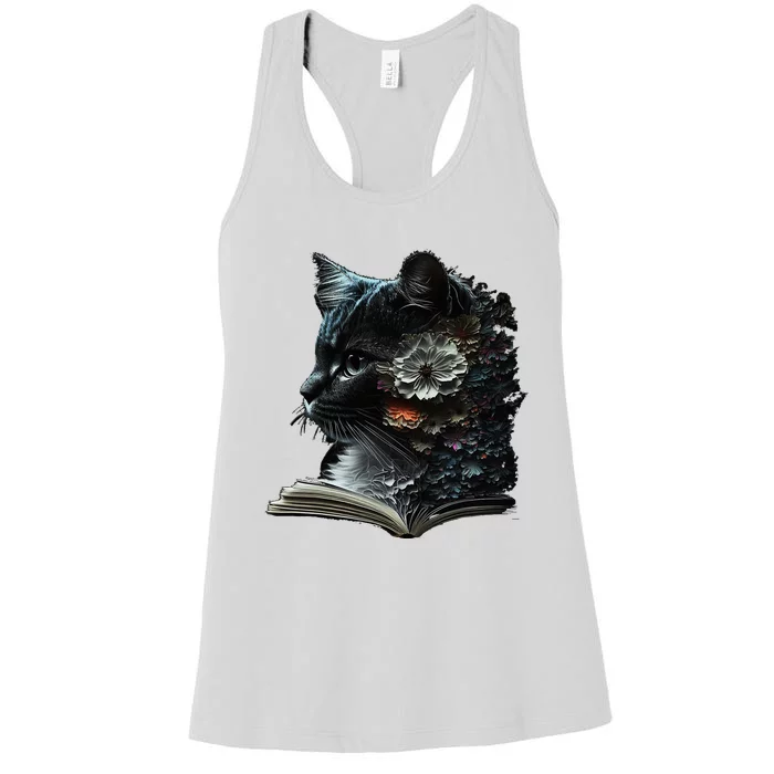 Cat Art Book Cat Motif Flowers Cat Women's Racerback Tank