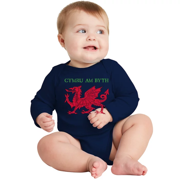 Cymru Am Byth Welsh Rugby Dragon Wales Gift Baby Long Sleeve Bodysuit