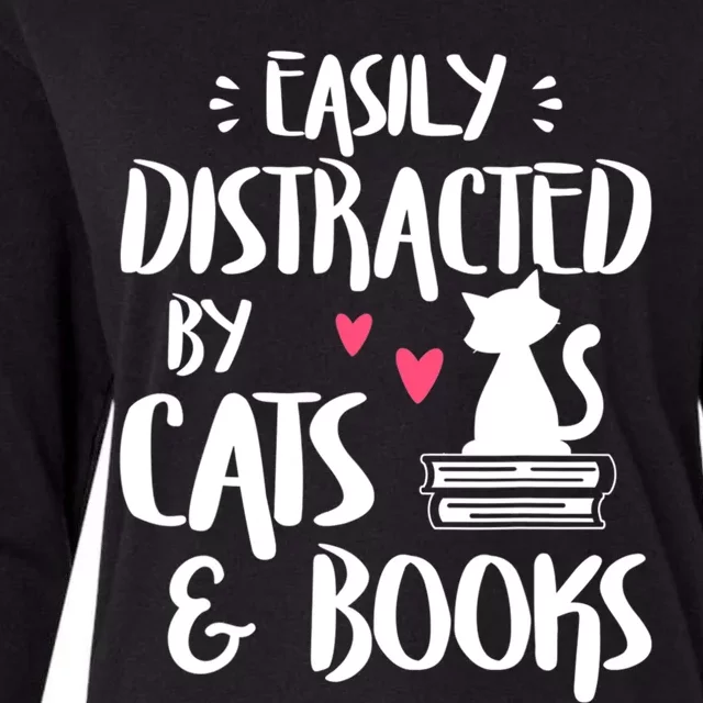 Cat And Book Lover Funny Easily Distracted By Cats And Books Meaningful Gift Womens Cotton Relaxed Long Sleeve T-Shirt