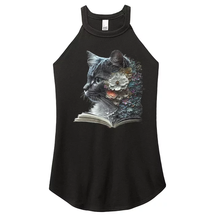 Cat Art Book Cat Motif Flowers Cat Women’s Perfect Tri Rocker Tank