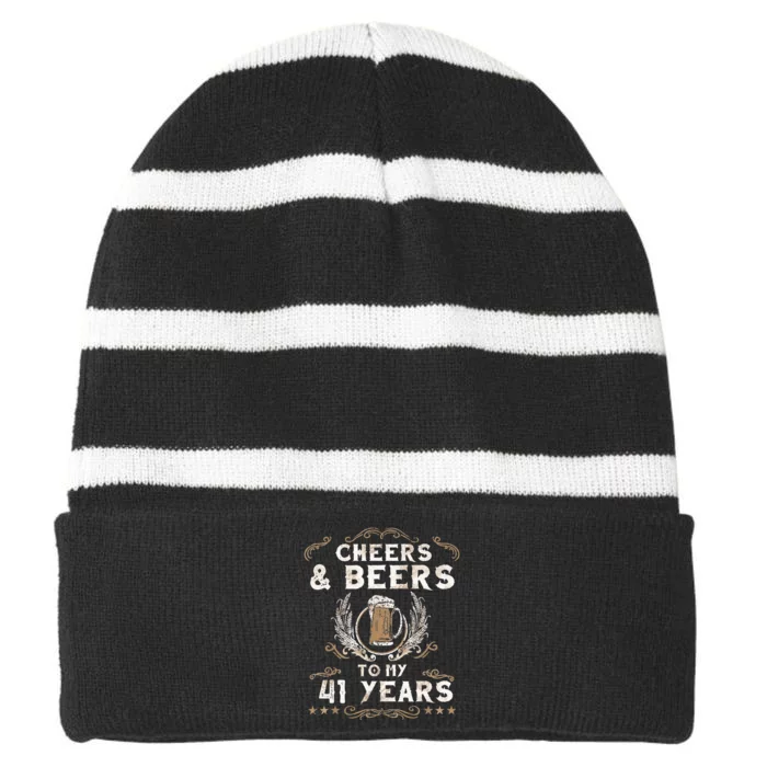 Cheers and Beers to 41 Years 41st Birthday Anniversary Striped Beanie with Solid Band