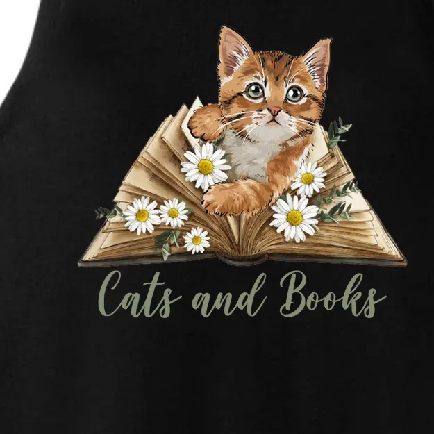 Cats And Books Floral Cute Ladies Tri-Blend Wicking Tank