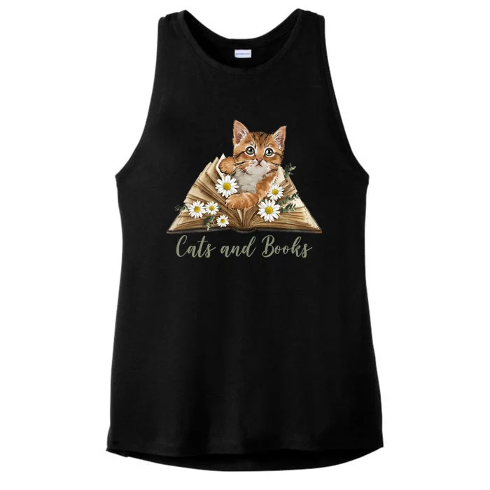 Cats And Books Floral Cute Ladies Tri-Blend Wicking Tank