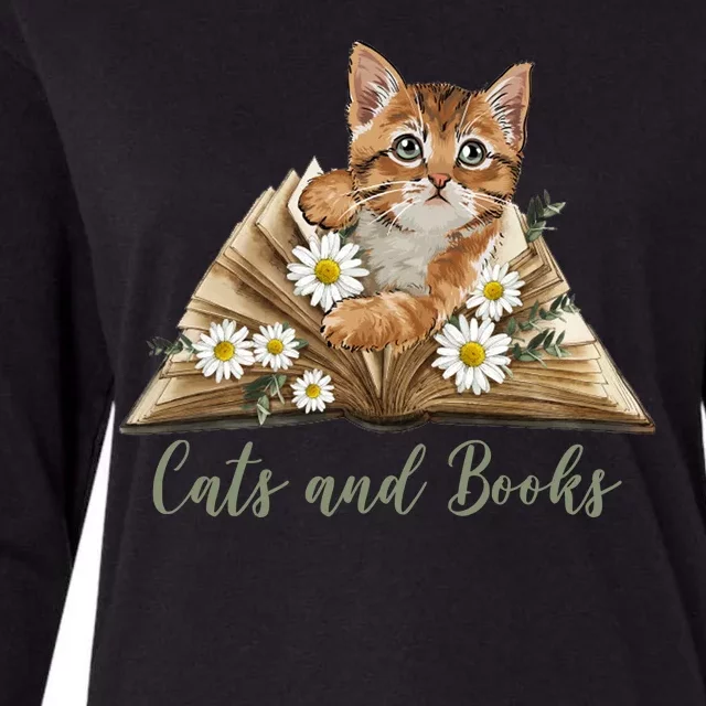 Cats And Books Floral Cute Womens Cotton Relaxed Long Sleeve T-Shirt