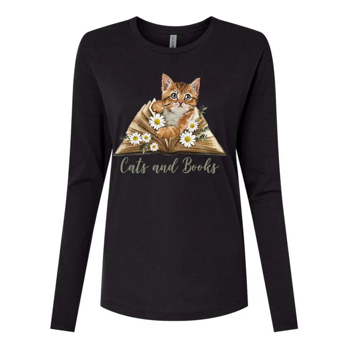 Cats And Books Floral Cute Womens Cotton Relaxed Long Sleeve T-Shirt