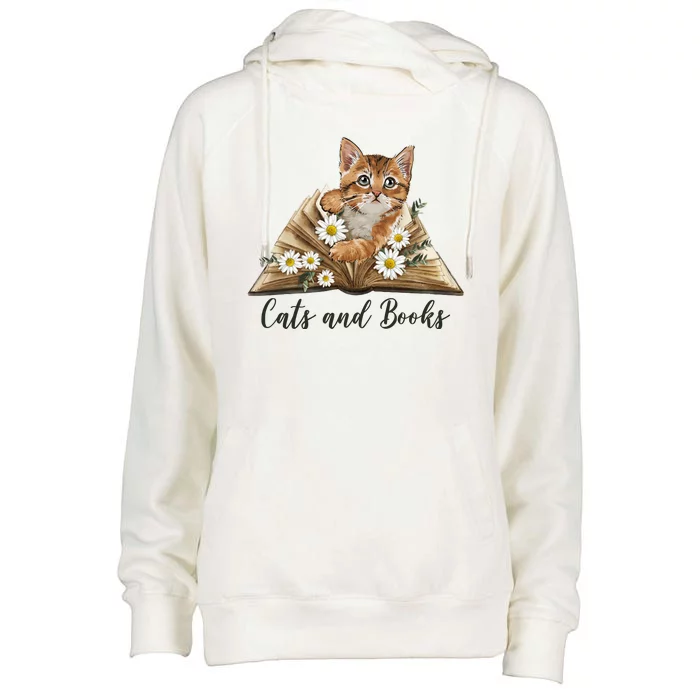 Cats And Books Floral Cute Womens Funnel Neck Pullover Hood