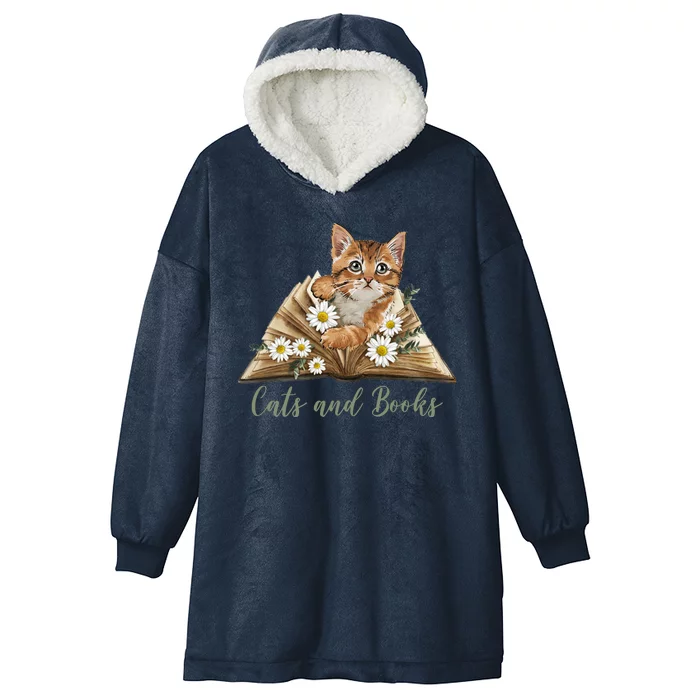 Cats And Books Floral Cute Hooded Wearable Blanket