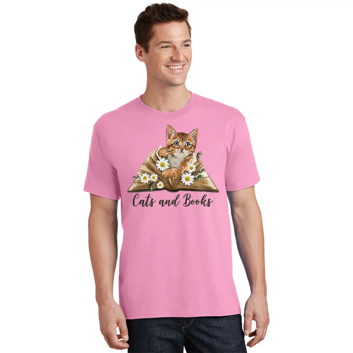 Cats And Books Floral Cute T-Shirt