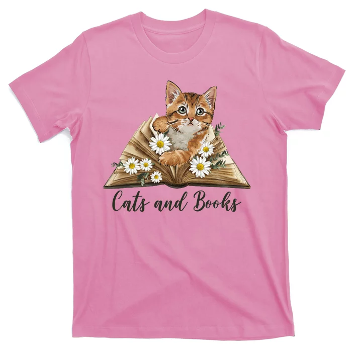 Cats And Books Floral Cute T-Shirt