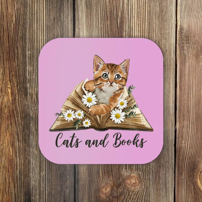 Cats And Books Floral Cute Coaster