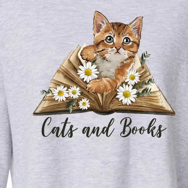 Cats And Books Floral Cute Cropped Pullover Crew