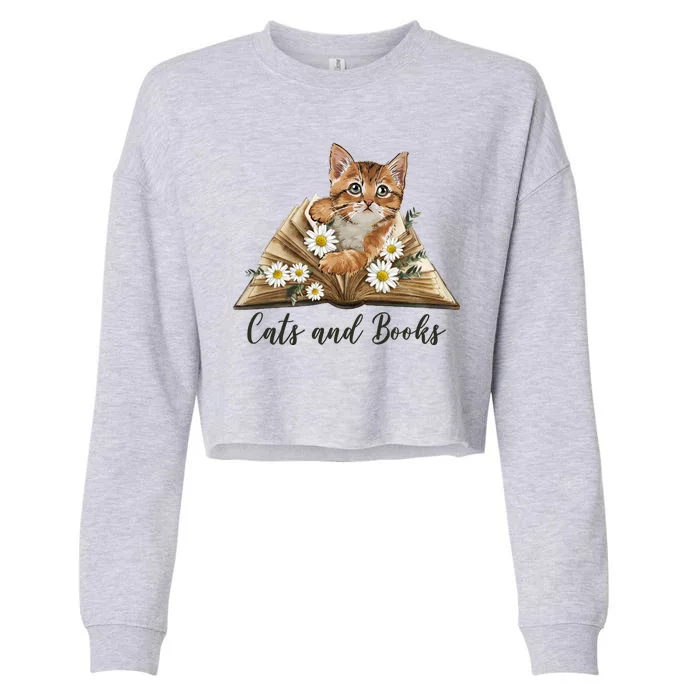 Cats And Books Floral Cute Cropped Pullover Crew