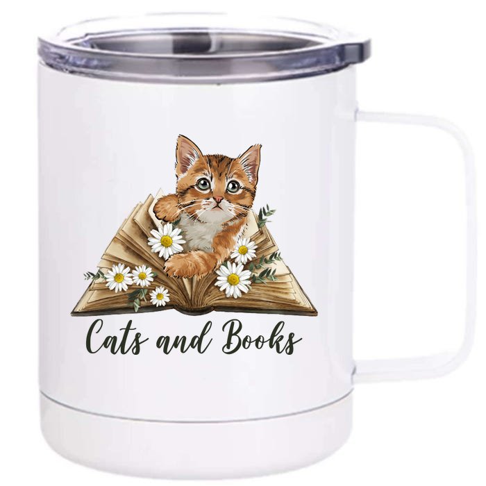 Cats And Books Floral Cute Front & Back 12oz Stainless Steel Tumbler Cup