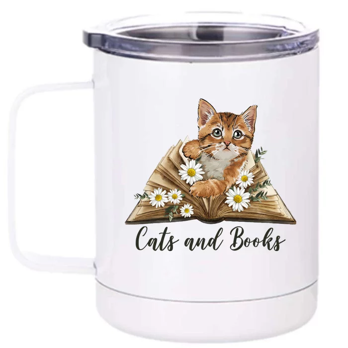 Cats And Books Floral Cute Front & Back 12oz Stainless Steel Tumbler Cup