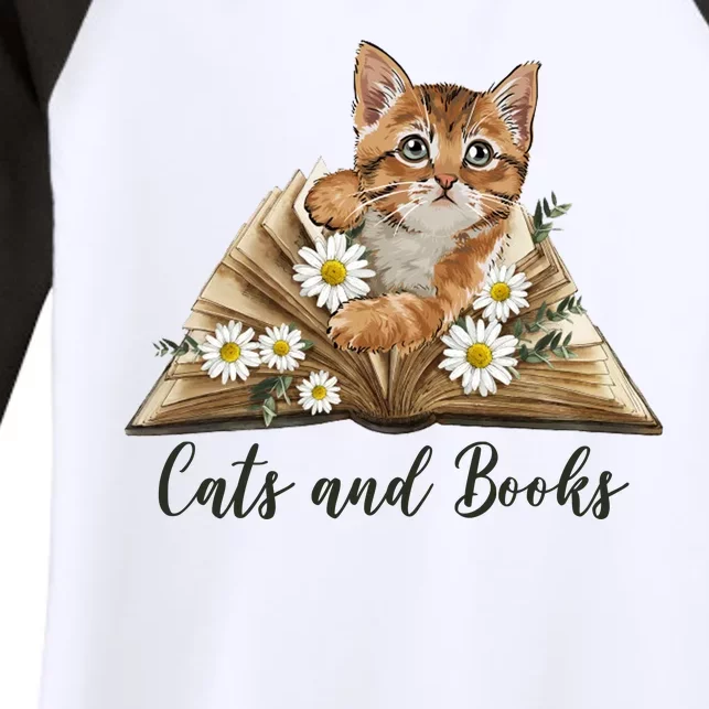 Cats And Books Floral Cute Women's Tri-Blend 3/4-Sleeve Raglan Shirt