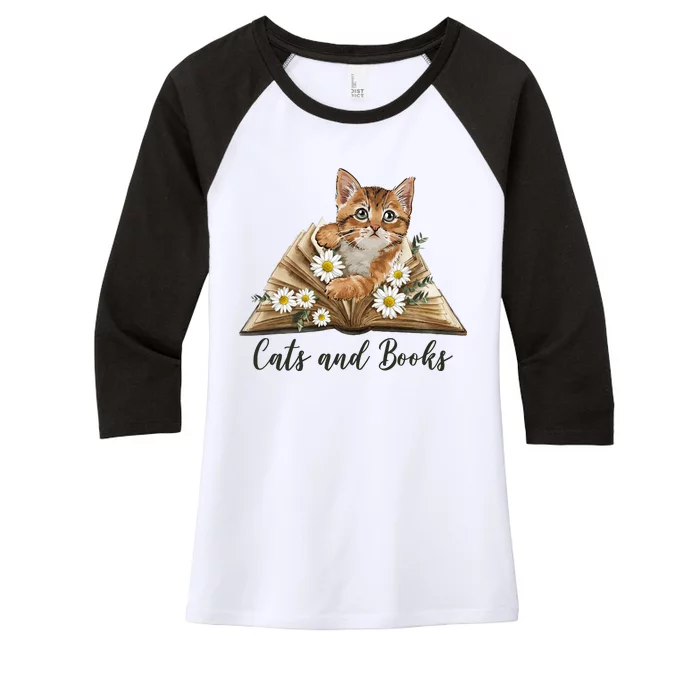 Cats And Books Floral Cute Women's Tri-Blend 3/4-Sleeve Raglan Shirt