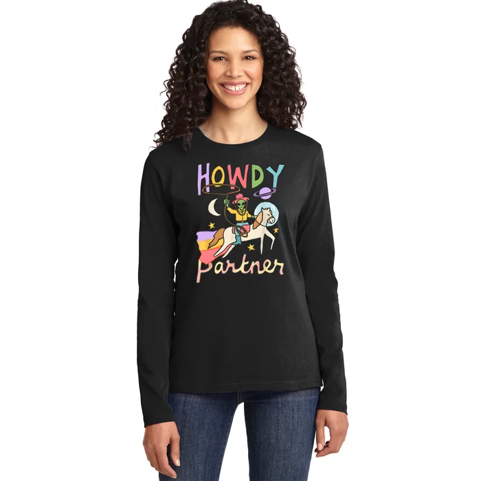 Cute Alien Cowboy UFO Howdy Partner Cowgirl Western Country Ladies Long Sleeve Shirt