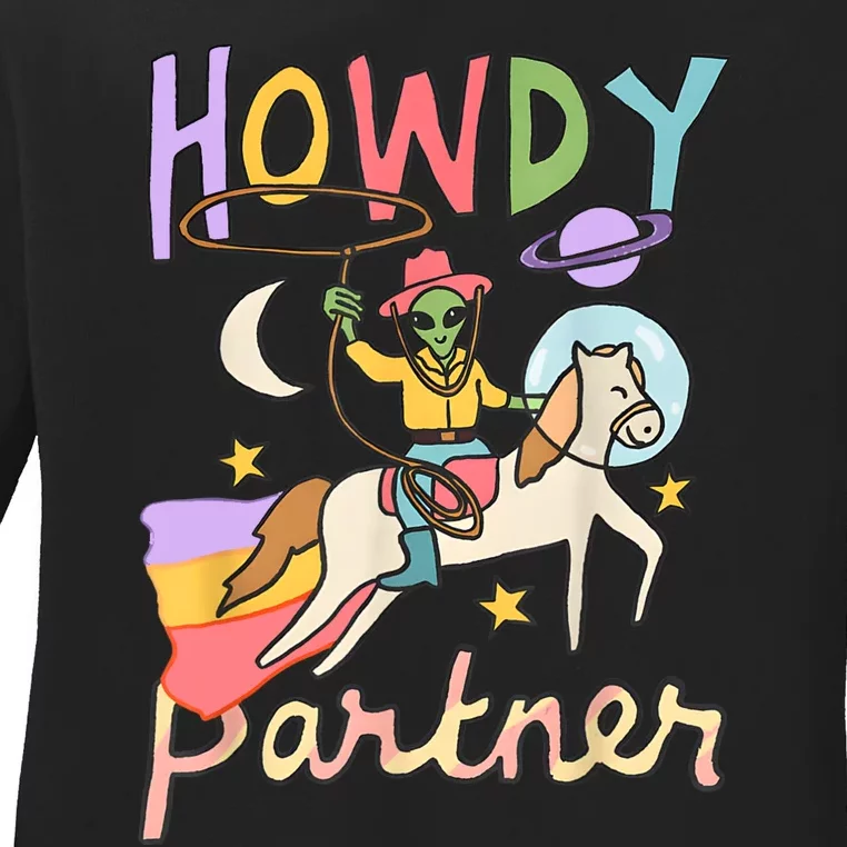 Cute Alien Cowboy UFO Howdy Partner Cowgirl Western Country Ladies Long Sleeve Shirt