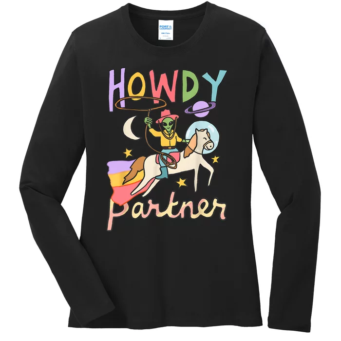 Cute Alien Cowboy UFO Howdy Partner Cowgirl Western Country Ladies Long Sleeve Shirt