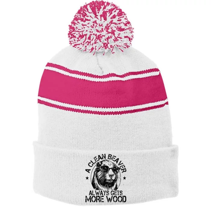 Cute American Clean Beaver Always Gets More Wood Beaver Love Stripe Pom Pom Beanie