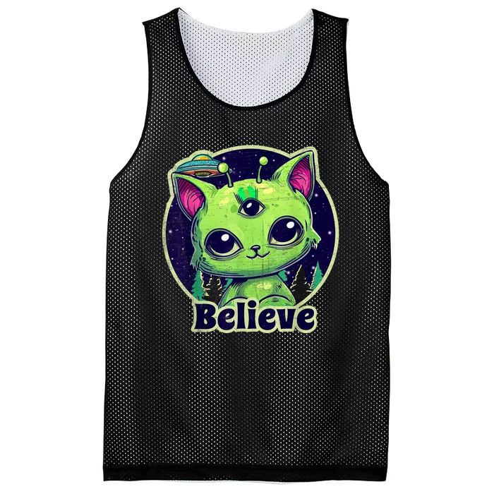 Cute Alien Cat Belive In UFO Kawaii Mesh Reversible Basketball Jersey Tank