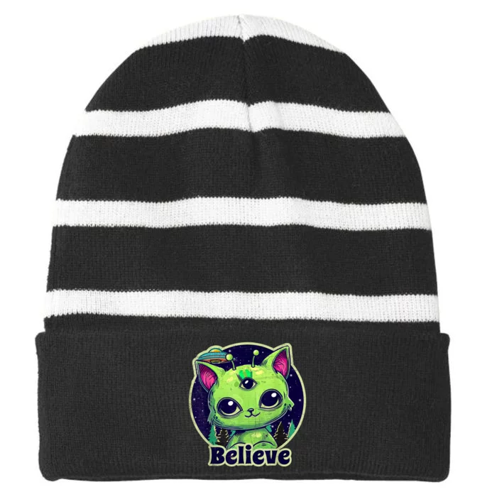 Cute Alien Cat Belive In UFO Kawaii Striped Beanie with Solid Band