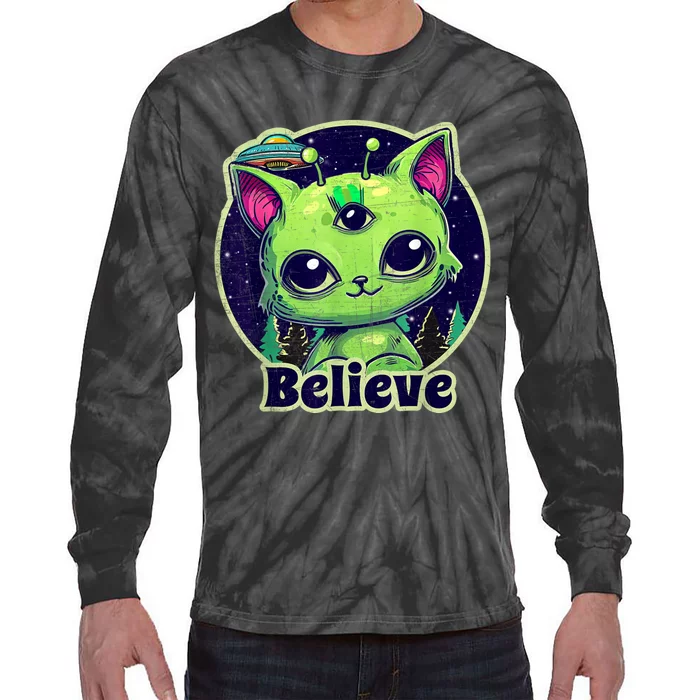 Cute Alien Cat Belive In UFO Kawaii Tie-Dye Long Sleeve Shirt