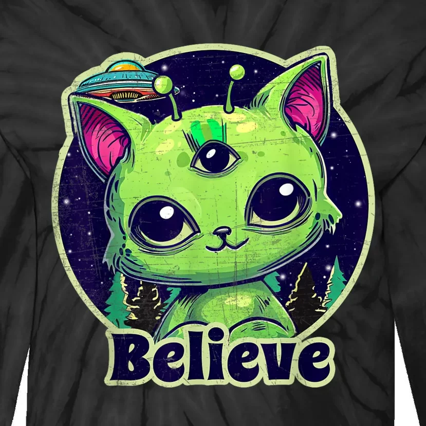 Cute Alien Cat Belive In UFO Kawaii Tie-Dye Long Sleeve Shirt