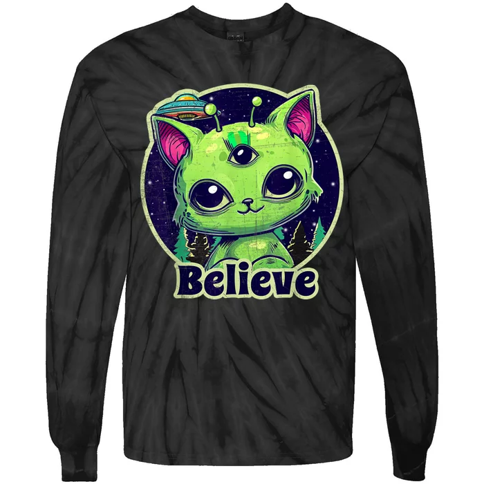 Cute Alien Cat Belive In UFO Kawaii Tie-Dye Long Sleeve Shirt