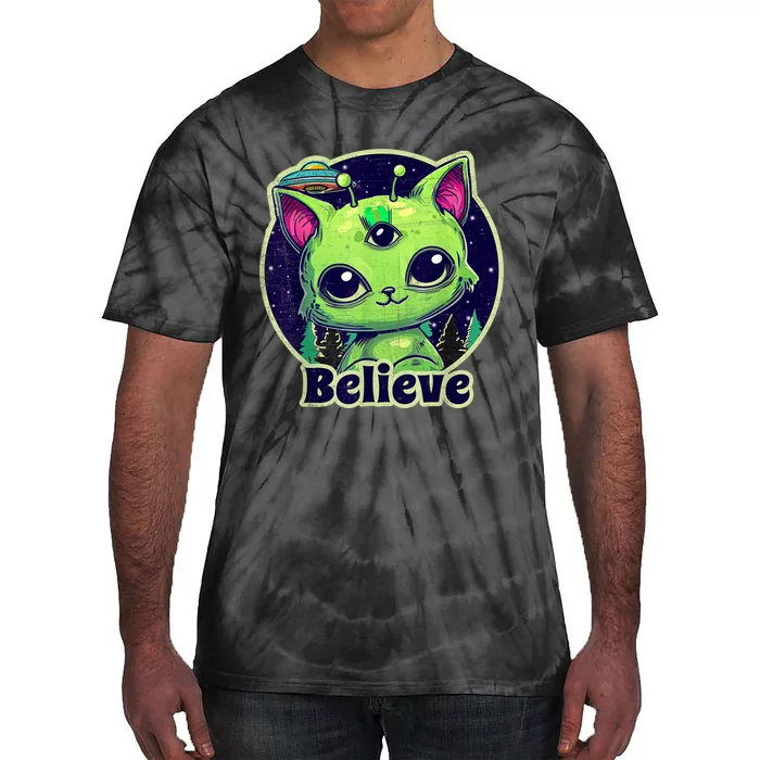 Cute Alien Cat Belive In UFO Kawaii Tie-Dye T-Shirt