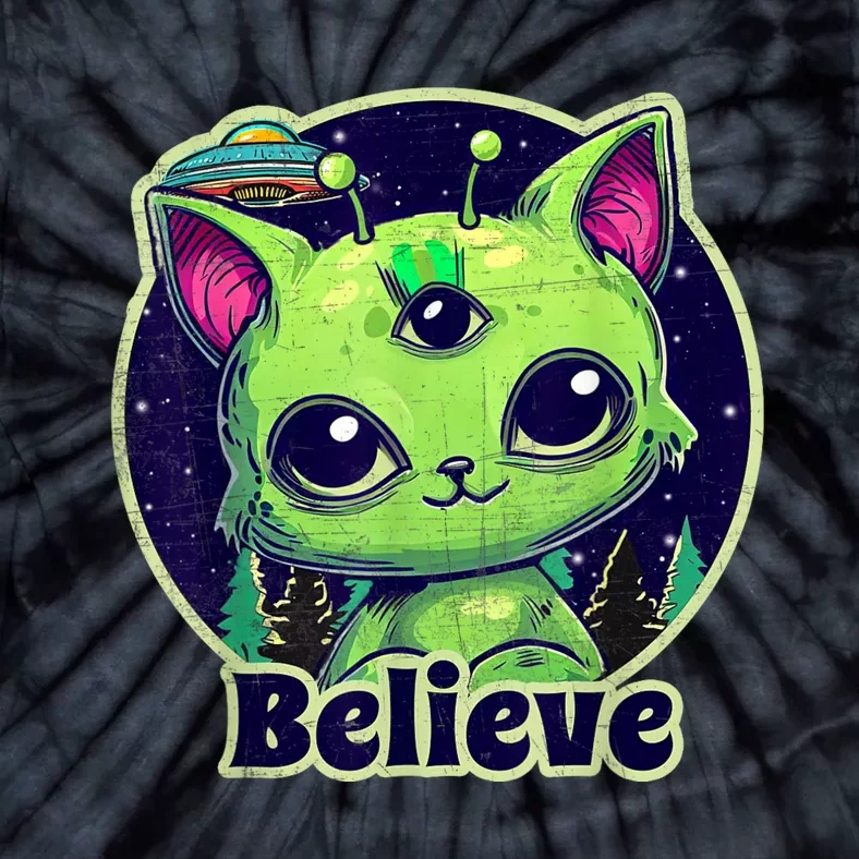 Cute Alien Cat Belive In UFO Kawaii Tie-Dye T-Shirt