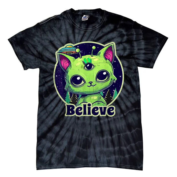 Cute Alien Cat Belive In UFO Kawaii Tie-Dye T-Shirt