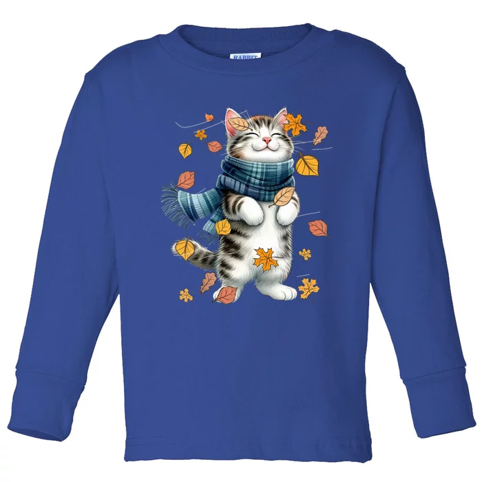 Cute Autumn Cat Fall Kitten Kitty Cat Lover Gift Toddler Long Sleeve Shirt