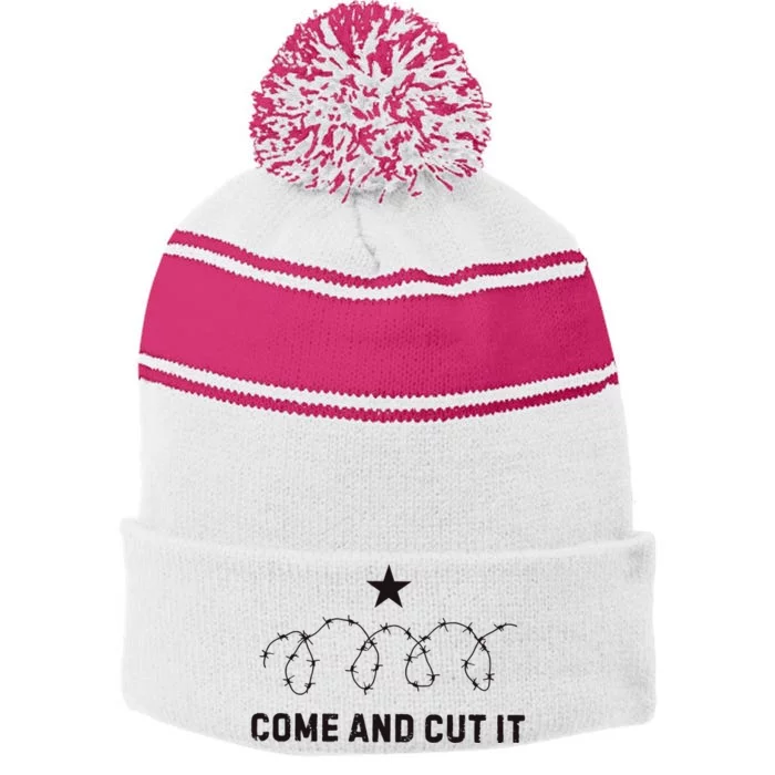 Come And Cut It Barbed Wire Political Stripe Pom Pom Beanie