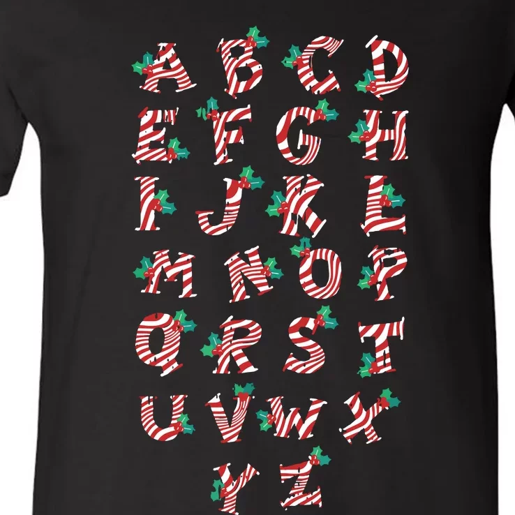 Christmas Alphabet Candy Cane Xmas Holiday Teacher V-Neck T-Shirt