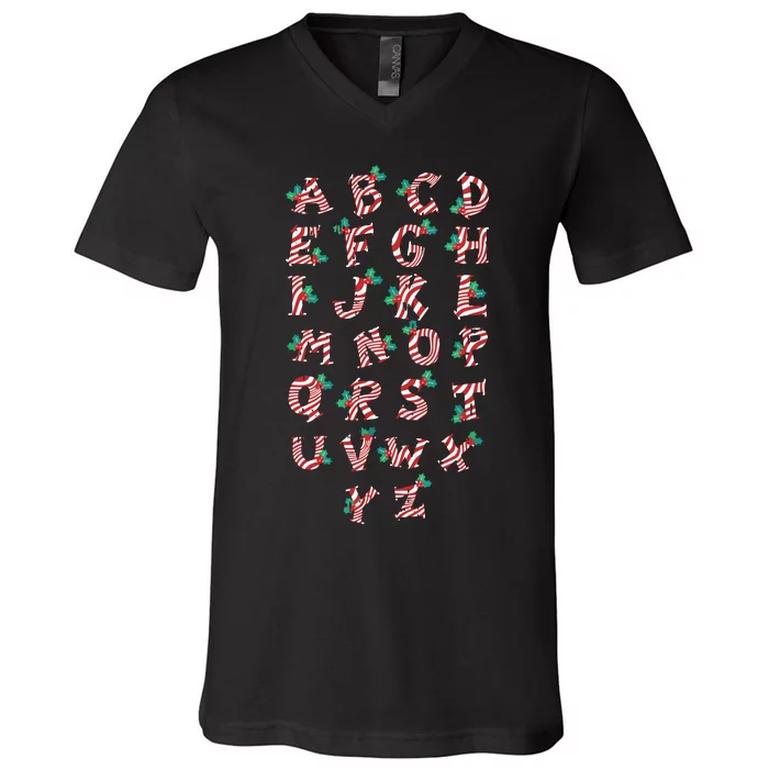 Christmas Alphabet Candy Cane Xmas Holiday Teacher V-Neck T-Shirt