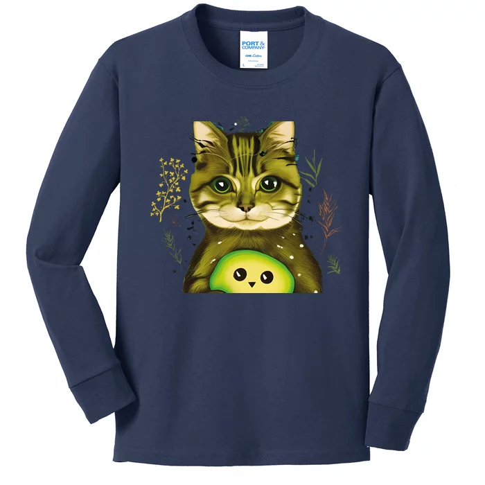 Cute Avocado Cat Avocato Cat Puns Cat Avocado Pet Lover Kids Long Sleeve Shirt